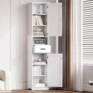 Narrow Bathroom Storage Cabinet, 69" Tall Bathroom Organizers and Storage with Barn Doors and Drawer, Slim Pantry Unit with Adjustable Shelves, Floor Cabinet for Bathroom, Living Room, Kitchen, White Narrow Bathroom Storage Cabinet, 69" Tall Bathroom Organizers and Storage with Barn Doors and Drawer, Slim Pantry Unit with Adjustable Shelves, Floor Cabinet for Bathroom, Living Room, Kitchen, White