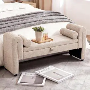 60" End of Bed Bench with Storage, Velvet Upholstered Large Storage Ottoman with Rolled Pillows and Armrest, Soft Window Bench, Footstool for Living Room, Entryway, Dormitory, Bedroom, Oatmeal 60" End of Bed Bench with Storage, Velvet Upholstered Large Storage Ottoman with Rolled Pillows and Armrest, Soft Window Bench, Footstool for Living Room, Entryway, Dormitory, Bedroom, Oatmeal