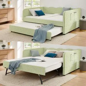 3 in 1 Full Daybed with Pop Up Trundle, Convertible Gingham Upholstered Sofa Bed with Side Storage Pockets, Extendable Guest Bed Frame for Teens Adults Bedroom Living Room, Green 3 in 1 Full Daybed with Pop Up Trundle, Convertible Gingham Upholstered Sofa Bed with Side Storage Pockets, Extendable Guest Bed Frame for Teens Adults Bedroom Living Room, Green