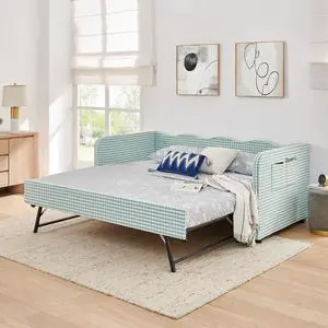 3 in 1 Twin to King Daybed, Gingham Upholstered Daybed with Pop Up Trundle, Convertible Sofa Bed with Side Storage Pockets, Extendable Guest Bed Frame for Teens Adults Bedroom Living Room, Cyan 3 in 1 Twin to King Daybed, Gingham Upholstered Daybed with Pop Up Trundle, Convertible Sofa Bed with Side Storage Pockets, Extendable Guest Bed Frame for Teens Adults Bedroom Living Room, Cyan