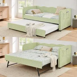 3 in 1 Twin to King Daybed, Gingham Upholstered Daybed with Pop Up Trundle, Convertible Sofa Bed with Side Storage Pockets, Extendable Guest Bed Frame for Teens Adults Bedroom Living Room, Green 3 in 1 Twin to King Daybed, Gingham Upholstered Daybed with Pop Up Trundle, Convertible Sofa Bed with Side Storage Pockets, Extendable Guest Bed Frame for Teens Adults Bedroom Living Room, Green