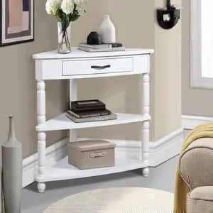 33.8'' Corner Desk for Small Spaces,Triangle End Table with Storage Drawer,Corner Side Table with Shelves,Small Corner Table for Living Room, 3 Tier End Corner Table with Solid Wood Legs,White 33.8'' Corner Desk for Small Spaces,Triangle End Table with Storage Drawer,Corner Side Table with Shelves,Small Corner Table for Living Room, 3 Tier End Corner Table with Solid Wood Legs,White