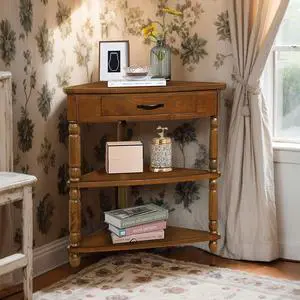 33.8'' Corner Desk for Small Spaces,Triangle End Table with Storage Drawer,Corner Side Table with Shelves,Small Corner Table for Living Room, 3 Tier End Corner Table with Solid Wood Legs,Brown 33.8'' Corner Desk for Small Spaces,Triangle End Table with Storage Drawer,Corner Side Table with Shelves,Small Corner Table for Living Room, 3 Tier End Corner Table with Solid Wood Legs,Brown