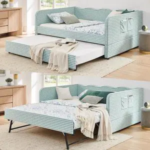 3 in 1 Full Daybed with Pop Up Trundle, Convertible Gingham Upholstered Sofa Bed with Side Storage Pockets, Extendable Guest Bed Frame for Teens Adults Bedroom Living Room, Cyan 3 in 1 Full Daybed with Pop Up Trundle, Convertible Gingham Upholstered Sofa Bed with Side Storage Pockets, Extendable Guest Bed Frame for Teens Adults Bedroom Living Room, Cyan