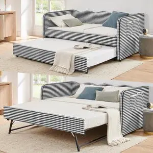 3 in 1 Twin to King Daybed, Gingham Upholstered Daybed with Pop Up Trundle, Convertible Sofa Bed with Side Storage Pockets, Extendable Guest Bed Frame for Teens Adults Bedroom Living Room, Black 3 in 1 Twin to King Daybed, Gingham Upholstered Daybed with Pop Up Trundle, Convertible Sofa Bed with Side Storage Pockets, Extendable Guest Bed Frame for Teens Adults Bedroom Living Room, Black