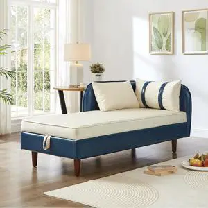 65" PU Upholstered Storage Chaise Lounge Sofa with Velvet Cushion and Pillows, Sleeper Chair with Right Hand Armrest, Lounge Sofa, Accent Reading Chair for Living Room, Bedroom, Beige + Blue 65" PU Upholstered Storage Chaise Lounge Sofa with Velvet Cushion and Pillows, Sleeper Chair with Right Hand Armrest, Lounge Sofa, Accent Reading Chair for Living Room, Bedroom, Beige + Blue