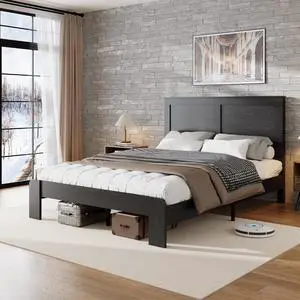 Wooden Bed Frame King Size, Antique Wood Platform Bed with Large Under Bed Storage Space, Noise Free Double Bed, 800lbs Weight Capacity, No Box Spring Needed and Easy Assembly, Dark Black Wooden Bed Frame King Size, Antique Wood Platform Bed with Large Under Bed Storage Space, Noise Free Double Bed, 800lbs Weight Capacity, No Box Spring Needed and Easy Assembly, Dark Black