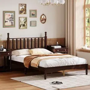 Full Size Platform Bed, Gourd Shaped Full Headboard and Frame, Retro Style Wood Double Bed with Solid Wooden Slat Support, Noise-Free, Walnut Full Size Platform Bed, Gourd Shaped Full Headboard and Frame, Retro Style Wood Double Bed with Solid Wooden Slat Support, Noise-Free, Walnut