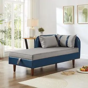 65" PU Upholstered Storage Chaise Lounge Sofa with Velvet Cushion and Pillows, Sleeper Chair with Right Hand Armrest, Lounge Sofa, Accent Reading Chair for Living Room, Bedroom, Blue + Grey 65" PU Upholstered Storage Chaise Lounge Sofa with Velvet Cushion and Pillows, Sleeper Chair with Right Hand Armrest, Lounge Sofa, Accent Reading Chair for Living Room, Bedroom, Blue + Grey