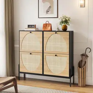 Narrow Shoe Cabinet with 4 Flip-Down Drawers, Space-Saving Rattan Door Shoe Rack with Bottom Storage Area, Slim Wood Shoes Storage Organizer for Entryways, Hallway, Foyer, Living Room, Black + Oak Narrow Shoe Cabinet with 4 Flip-Down Drawers, Space-Saving Rattan Door Shoe Rack with Bottom Storage Area, Slim Wood Shoes Storage Organizer for Entryways, Hallway, Foyer, Living Room, Black + Oak