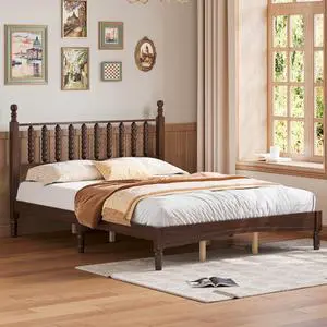 Queen Size Platform Bed, Gourd Shaped Queen Headboard and Frame, Retro Style Wood Double Bed with Solid Wooden Slat Support, Noise-Free, Walnut Queen Size Platform Bed, Gourd Shaped Queen Headboard and Frame, Retro Style Wood Double Bed with Solid Wooden Slat Support, Noise-Free, Walnut