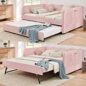 3 in 1 Full Daybed with Pop Up Trundle, Convertible Gingham Upholstered Sofa Bed with Side Storage Pockets, Extendable Guest Bed Frame for Teens Adults Bedroom Living Room, Pink 3 in 1 Full Daybed with Pop Up Trundle, Convertible Gingham Upholstered Sofa Bed with Side Storage Pockets, Extendable Guest Bed Frame for Teens Adults Bedroom Living Room, Pink