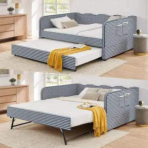 3 in 1 Full Daybed with Pop Up Trundle, Convertible Gingham Upholstered Sofa Bed with Side Storage Pockets, Extendable Guest Bed Frame for Teens Adults Bedroom Living Room, Dark Blue 3 in 1 Full Daybed with Pop Up Trundle, Convertible Gingham Upholstered Sofa Bed with Side Storage Pockets, Extendable Guest Bed Frame for Teens Adults Bedroom Living Room, Dark Blue