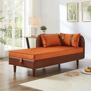 65" PU Upholstered Storage Chaise Lounge Sofa with Velvet Cushion and Pillows, Sleeper Chair with Right Hand Armrest, Lounge Sofa, Accent Reading Chair for Living Room, Bedroom, Orange + Dark Brown 65" PU Upholstered Storage Chaise Lounge Sofa with Velvet Cushion and Pillows, Sleeper Chair with Right Hand Armrest, Lounge Sofa, Accent Reading Chair for Living Room, Bedroom, Orange + Dark Brown