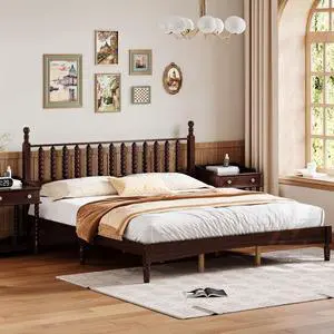 King Size Platform Bed, Gourd Shaped King Headboard and Frame, Retro Style Wood Double Bed for Adults with Solid Wooden Slat Support, Noise-Free, Walnut King Size Platform Bed, Gourd Shaped King Headboard and Frame, Retro Style Wood Double Bed for Adults with Solid Wooden Slat Support, Noise-Free, Walnut