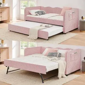 3 in 1 Twin to King Daybed, Gingham Upholstered Daybed with Pop Up Trundle, Convertible Sofa Bed with Side Storage Pockets, Extendable Guest Bed Frame for Teens Adults Bedroom Living Room, Pink 3 in 1 Twin to King Daybed, Gingham Upholstered Daybed with Pop Up Trundle, Convertible Sofa Bed with Side Storage Pockets, Extendable Guest Bed Frame for Teens Adults Bedroom Living Room, Pink