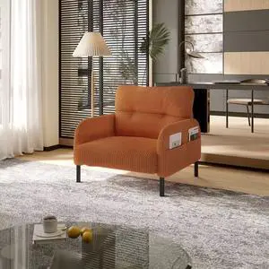 Comfy Single Sofa Chair with Wide Seat, Corduroy Upholstered Modern Accent Armchair with Side Pockets and Reinforced Legs, Living Room Readubg Chair for Bedroom, Waiting Room, Balcony, Orange Comfy Single Sofa Chair with Wide Seat, Corduroy Upholstered Modern Accent Armchair with Side Pockets and Reinforced Legs, Living Room Readubg Chair for Bedroom, Waiting Room, Balcony, Orange