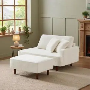 Boucle Upholstered Chaise Lounge with Stool, Soft Sleeper Chair with Right Hand Armrest and 2 Throw Pillows, Leisure Couch, Accent Reading Chair with for Living Room, Bedroom, White Boucle Upholstered Chaise Lounge with Stool, Soft Sleeper Chair with Right Hand Armrest and 2 Throw Pillows, Leisure Couch, Accent Reading Chair with for Living Room, Bedroom, White