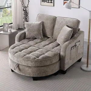 51" Loveseat Sofa Bed, 3 IN 1 Convertible Sofa with Storage Footrest, 2 Seater Futon Couch with Adjustable Backrests, Side Pockets, Chaise Longue with Throw Pillows for Living Room and Bedroom, Brown 51" Loveseat Sofa Bed, 3 IN 1 Convertible Sofa with Storage Footrest, 2 Seater Futon Couch with Adjustable Backrests, Side Pockets, Chaise Longue with Throw Pillows for Living Room and Bedroom, Brown