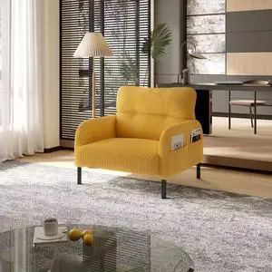 Comfy Single Sofa Chair with Wide Seat, Corduroy Upholstered Modern Accent Armchair with Side Pockets and Reinforced Legs, Living Room Readubg Chair for Bedroom, Waiting Room, Balcony, Yellow Comfy Single Sofa Chair with Wide Seat, Corduroy Upholstered Modern Accent Armchair with Side Pockets and Reinforced Legs, Living Room Readubg Chair for Bedroom, Waiting Room, Balcony, Yellow
