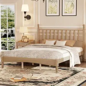 Queen Size Platform Bed, Gourd Shaped Queen Headboard and Frame, Retro Style Wood Double Bed with Solid Wooden Slat Support, Noise-Free, Natural Queen Size Platform Bed, Gourd Shaped Queen Headboard and Frame, Retro Style Wood Double Bed with Solid Wooden Slat Support, Noise-Free, Natural
