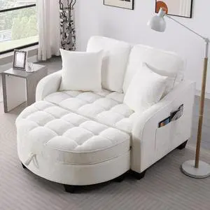 51" Loveseat Sofa Bed, 3 IN 1 Convertible Sofa with Storage Footrest, 2 Seater Futon Couch with Adjustable Backrests, Side Pockets, Chaise Longue with Throw Pillows for Living Room and Bedroom, Beige 51" Loveseat Sofa Bed, 3 IN 1 Convertible Sofa with Storage Footrest, 2 Seater Futon Couch with Adjustable Backrests, Side Pockets, Chaise Longue with Throw Pillows for Living Room and Bedroom, Beige