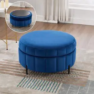 31.5" Large Round Ottoman with Storage, Velvet Upholstered Round Coffee Table With Reversible Lid, Tufted Couch Ottoman Storage Stool, Pumpkin-shape Footstool for Living room, Bedroom and Office,Navy 31.5" Large Round Ottoman with Storage, Velvet Upholstered Round Coffee Table With Reversible Lid, Tufted Couch Ottoman Storage Stool, Pumpkin-shape Footstool for Living room, Bedroom and Office,Navy