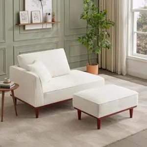 Upholstered Chaise Lounge with Stool, Sleeper Chair with Left Hand Armrest and Pillow for Living Room Bedroom, Leisure Couch Accent Reading Chair with Ottoman for Living Room, Bedroom, White Upholstered Chaise Lounge with Stool, Sleeper Chair with Left Hand Armrest and Pillow for Living Room Bedroom, Leisure Couch Accent Reading Chair with Ottoman for Living Room, Bedroom, White