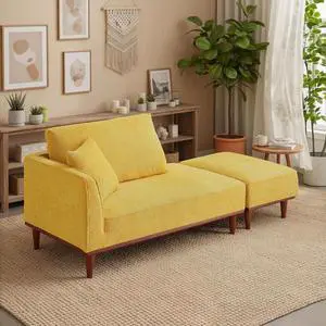 Upholstered Chaise Lounge with Stool, Sleeper Chair with Left Hand Armrest and Pillow for Living Room Bedroom, Leisure Couch Accent Reading Chair with Ottoman for Living Room, Bedroom, Yellow Upholstered Chaise Lounge with Stool, Sleeper Chair with Left Hand Armrest and Pillow for Living Room Bedroom, Leisure Couch Accent Reading Chair with Ottoman for Living Room, Bedroom, Yellow