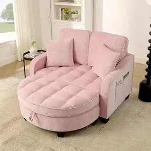 51" Loveseat Sofa Bed, 3 IN 1 Convertible Sofa with Storage Footrest, 2 Seater Futon Couch with Adjustable Backrests, Side Pockets, Chaise Longue with Throw Pillows for Living Room and Bedroom, Pink 51" Loveseat Sofa Bed, 3 IN 1 Convertible Sofa with Storage Footrest, 2 Seater Futon Couch with Adjustable Backrests, Side Pockets, Chaise Longue with Throw Pillows for Living Room and Bedroom, Pink
