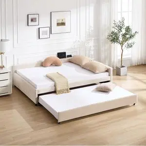 Full Size Upholstered Daybed with Trundle, L Shaped Corner Bed Frame with LED Light and Charging Station, Modern Diamond Grid Velvet Fabric Guest Bed for Young and Adults Bedroom, Dorm, Beige Full Size Upholstered Daybed with Trundle, L Shaped Corner Bed Frame with LED Light and Charging Station, Modern Diamond Grid Velvet Fabric Guest Bed for Young and Adults Bedroom, Dorm, Beige