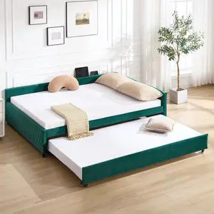 Full Size Upholstered Daybed with Trundle, L Shaped Corner Bed Frame with LED Light and Charging Station, Modern Diamond Grid Velvet Fabric Guest Bed for Young and Adults Bedroom, Dorm, Emerald Full Size Upholstered Daybed with Trundle, L Shaped Corner Bed Frame with LED Light and Charging Station, Modern Diamond Grid Velvet Fabric Guest Bed for Young and Adults Bedroom, Dorm, Emerald