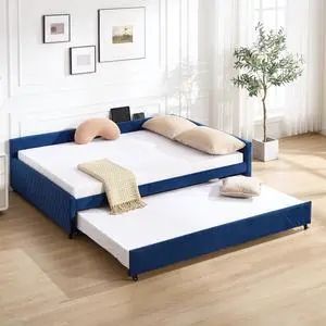 Full Size Upholstered Daybed with Trundle, L Shaped Corner Bed Frame with LED Light and Charging Station, Modern Diamond Grid Velvet Fabric Guest Bed for Young and Adults Bedroom, Dorm, Navy Full Size Upholstered Daybed with Trundle, L Shaped Corner Bed Frame with LED Light and Charging Station, Modern Diamond Grid Velvet Fabric Guest Bed for Young and Adults Bedroom, Dorm, Navy