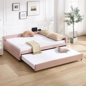 Full Size Upholstered Daybed with Trundle, L Shaped Corner Bed Frame with LED Light and Charging Station, Modern Diamond Grid Velvet Fabric Guest Bed for Young and Adults Bedroom, Dorm, Pink Full Size Upholstered Daybed with Trundle, L Shaped Corner Bed Frame with LED Light and Charging Station, Modern Diamond Grid Velvet Fabric Guest Bed for Young and Adults Bedroom, Dorm, Pink