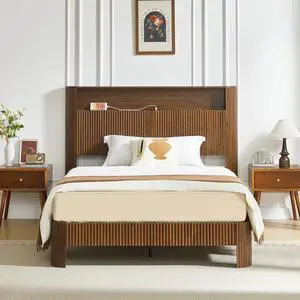 Full XL Headboard and Frame, Wood Platform Bed with Storage Headboard and Charging Station, Wavy Curved Lines Design Luxury Double Heavy Duty Metal Support, Noise-Free, Natural Full XL Headboard and Frame, Wood Platform Bed with Storage Headboard and Charging Station, Wavy Curved Lines Design Luxury Double Heavy Duty Metal Support, Noise-Free, Natural