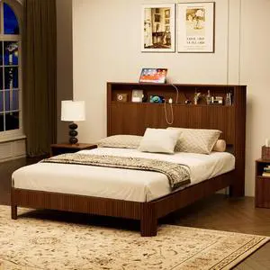 Queen Headboard and Frame, Wood Platform Bed with Storage Headboard and Charging Station, Wavy Curved Lines Design Luxury Double Heavy Duty Metal Support, Noise-Free, Walnut Queen Headboard and Frame, Wood Platform Bed with Storage Headboard and Charging Station, Wavy Curved Lines Design Luxury Double Heavy Duty Metal Support, Noise-Free, Walnut