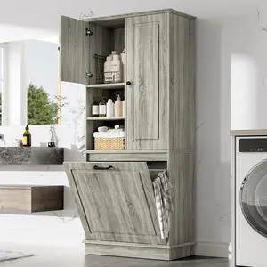 Tilt Out Laundry Hamper Cabinet, Tall Wooden Storage Cabinet with Adjustable Shelves and Doors, Large Hidden Flip-Out Basket with Aluminum Alloy Handles, for Laundry Room, Bathroom, Living Room, Oak Tilt Out Laundry Hamper Cabinet, Tall Wooden Storage Cabinet with Adjustable Shelves and Doors, Large Hidden Flip-Out Basket with Aluminum Alloy Handles, for Laundry Room, Bathroom, Living Room, Oak