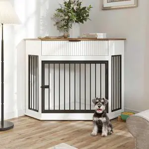 44.6'' Corner Dog Crate Furniture with Storage Drawer, Dog Kennel for Small/Medium Dogs, Space-Saving Pet Cage with Steel Pipe, Decorative End Table Cabinet with Anti-tip Hook for Home Indoor, White 44.6'' Corner Dog Crate Furniture with Storage Drawer, Dog Kennel for Small/Medium Dogs, Space-Saving Pet Cage with Steel Pipe, Decorative End Table Cabinet with Anti-tip Hook for Home Indoor, White