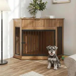 44.6'' Corner Dog Crate Furniture with Storage Drawer, Dog Kennel for Small/Medium Dogs, Space-Saving Pet Cage with Steel Pipe, End Table Cabinet with Anti-tip Hook for Home Decor, Natural Walnut 44.6'' Corner Dog Crate Furniture with Storage Drawer, Dog Kennel for Small/Medium Dogs, Space-Saving Pet Cage with Steel Pipe, End Table Cabinet with Anti-tip Hook for Home Decor, Natural Walnut
