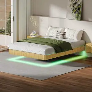 Floating Bed Frame Queen, Oak Wood Bed Frame with LED Lights, Wave Curve Wood Texture Double Bed with Heavy Duty Metal Slats, No Box Spring Needed, Easy to Assemble Floating Bed Frame Queen, Oak Wood Bed Frame with LED Lights, Wave Curve Wood Texture Double Bed with Heavy Duty Metal Slats, No Box Spring Needed, Easy to Assemble