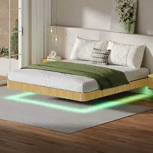 Floating Bed Frame King, Oak Wood Bed Frame with LED Lights, Wave Curve Wood Texture Double Bed with Heavy Duty Metal Slats, No Box Spring Needed, Easy to Assemble Floating Bed Frame King, Oak Wood Bed Frame with LED Lights, Wave Curve Wood Texture Double Bed with Heavy Duty Metal Slats, No Box Spring Needed, Easy to Assemble