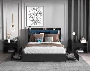 Queen Bedframe with 4 Roll Out Drawers, Metal Platform Bed with LED Headboard, Storage Shelf, Charging Station, Multi-Functional Double Bed with Solid Metal Support, Noise-Free, Black Queen Bedframe with 4 Roll Out Drawers, Metal Platform Bed with LED Headboard, Storage Shelf, Charging Station, Multi-Functional Double Bed with Solid Metal Support, Noise-Free, Black