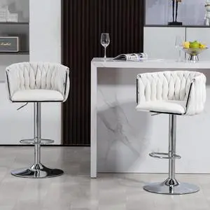 360° Fabric Cover Swivel Bar Stools Set of 2, Adjustable Counter Height Bar Chairs with Woven Back & Footrest, Silver Chromed Counter Stools for Kitchen Island 360° Fabric Cover Swivel Bar Stools Set of 2, Adjustable Counter Height Bar Chairs with Woven Back & Footrest, Silver Chromed Counter Stools for Kitchen Island