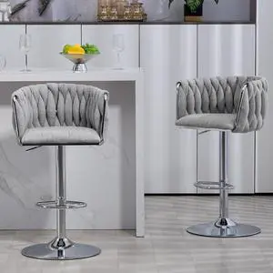 360° Fabric Cover Swivel Bar Stools Set of 2, Adjustable Counter Height Bar Chairs with Woven Back & Footrest, Silver Chromed Counter Stools for Kitchen Island 360° Fabric Cover Swivel Bar Stools Set of 2, Adjustable Counter Height Bar Chairs with Woven Back & Footrest, Silver Chromed Counter Stools for Kitchen Island