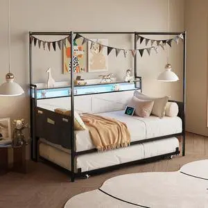 Twin Size Daybed with Roll Out Trundle, Metal Pull Out Bed with Storage Shelf, LED Lights and Charging Station, Boys Girls Single Guest House Bedframe with Side Pockets, White Twin Size Daybed with Roll Out Trundle, Metal Pull Out Bed with Storage Shelf, LED Lights and Charging Station, Boys Girls Single Guest House Bedframe with Side Pockets, White
