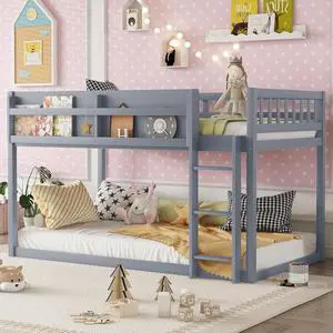 Low Twin Over Twin Bunk Bed with Sling Bookshelf, Solid Wood Floor Bed with Ladder and Full-Length Guardrail for Boys or Girls, Adults Small Bedroom, Apartment, No Box Sping Needed, Grey Low Twin Over Twin Bunk Bed with Sling Bookshelf, Solid Wood Floor Bed with Ladder and Full-Length Guardrail for Boys or Girls, Adults Small Bedroom, Apartment, No Box Sping Needed, Grey
