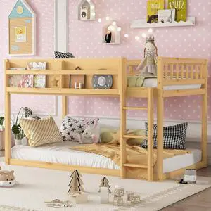 Low Twin Over Twin Bunk Bed with Sling Bookshelf, Solid Wood Floor Bed with Ladder and Full-Length Guardrail for Boys or Girls, Adults Small Bedroom, Apartment, No Box Sping Needed, Natural Low Twin Over Twin Bunk Bed with Sling Bookshelf, Solid Wood Floor Bed with Ladder and Full-Length Guardrail for Boys or Girls, Adults Small Bedroom, Apartment, No Box Sping Needed, Natural