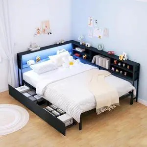 Wooden Full Daybed with Storage Drawers, Full Bed Frame with Storage Bookcase, Corner Day Bed with Charging Station and LED Light, Bedroom Furniture for Guest Room, Apartment, Study Room, Black Wooden Full Daybed with Storage Drawers, Full Bed Frame with Storage Bookcase, Corner Day Bed with Charging Station and LED Light, Bedroom Furniture for Guest Room, Apartment, Study Room, Black