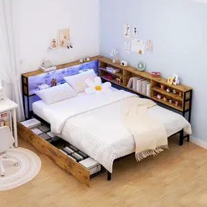 Wooden Full Daybed with Storage Drawers, Full Bed Frame with Storage Bookcase, Corner Day Bed with Charging Station and LED Light, Bedroom Furniture for Guest Room, Apartment, Study Room, Brown Wooden Full Daybed with Storage Drawers, Full Bed Frame with Storage Bookcase, Corner Day Bed with Charging Station and LED Light, Bedroom Furniture for Guest Room, Apartment, Study Room, Brown