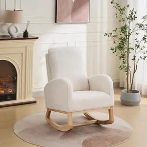 Rocking Chair for Nursery with Rubber Wood Legs, 27.2"W Polyester Upholstered Patio Glider Chair with High Back and Side Pocket, Comfy Reading Lounger, Accent Armchair for Living Room/Bedroom, Ivory Rocking Chair for Nursery with Rubber Wood Legs, 27.2"W Polyester Upholstered Patio Glider Chair with High Back and Side Pocket, Comfy Reading Lounger, Accent Armchair for Living Room/Bedroom, Ivory